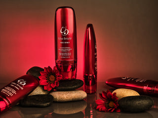 Four bottles of Free Spirit sunscreen staged with stones and red flowers